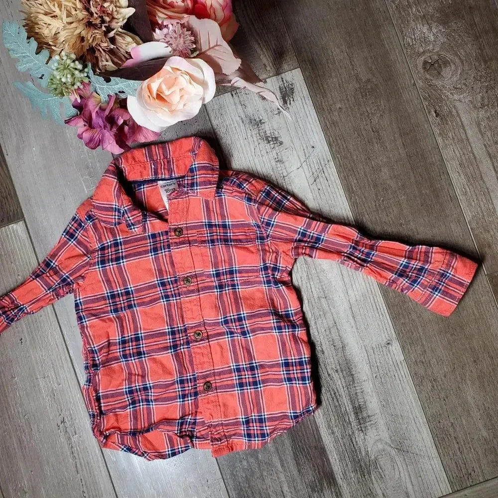 Carter's Baby Toddler Boy Coral Orange and Blue Plaid Flannel Size 18m NWOT